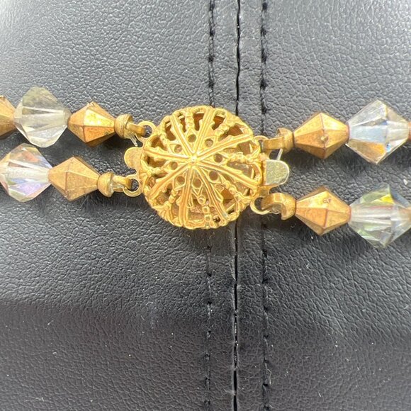 Vtg Double Strand 18" Beaded Necklace GoldTone AB Crystal Bicone Filigree Tubes - Picture 4 of 8